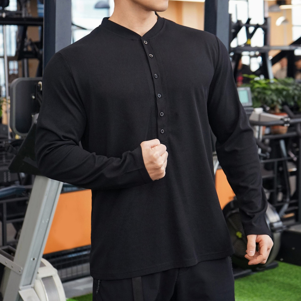 Buttoned Neckline Shirt Elegant Men Top Men's Long Sleeve Muscle T-shirt Gym Fitness Crewneck Casual Workout Athletic Te