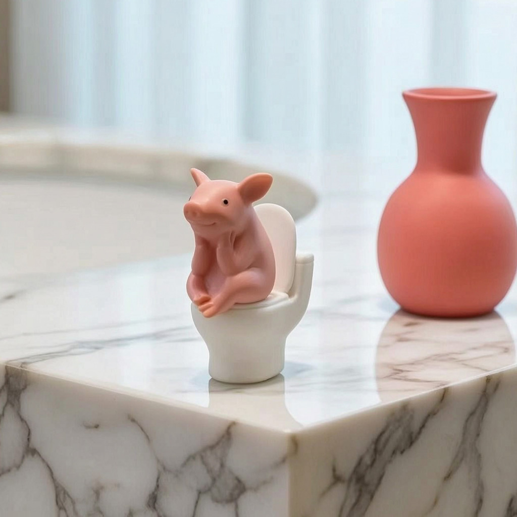 Cute Miniature Pink Pig Toilet Figurine Sitting Thinking Statue Cartoon Farm Animal Decoration for Home Office Bathroom