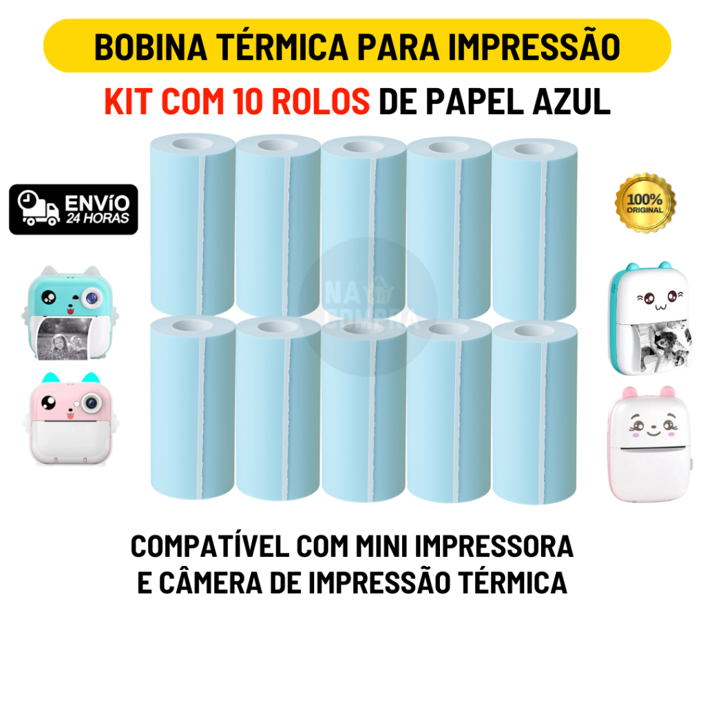 Kit 10 Bobina Térmica 57mm Não Adesivo Rolo Azul Para Mini Impressora Térmica Portátil