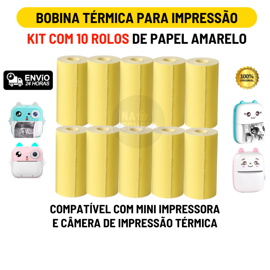 Kit 10 Bobina Térmica 57mm Não Adesivo Rolo Amarelo Para Mini Impressora Térmica Portátil
