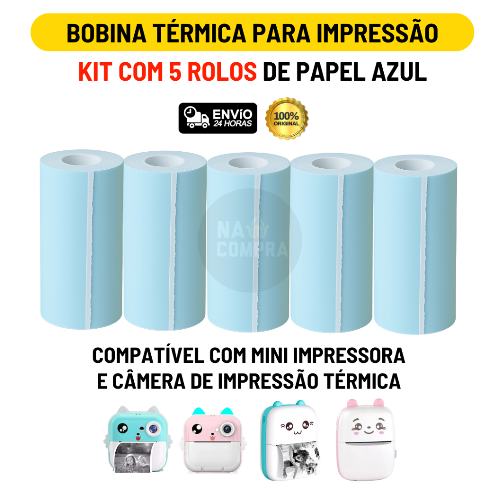Kit 5 Bobina Térmica 57mm Não Adesivo Rolo Azul Para Mini Impressora Térmica Portátil