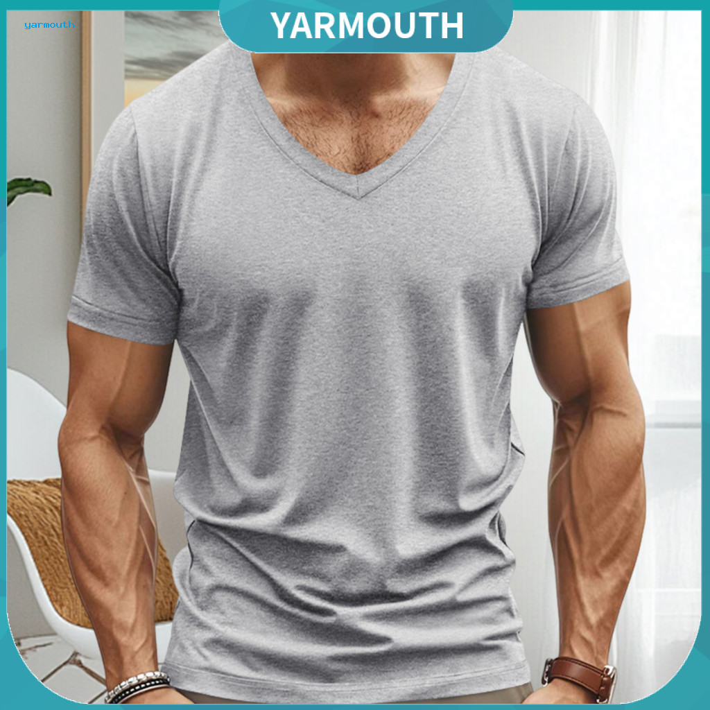 Men T-shirt Solid Color V-neck Tee Men's Summer Quick-dry Short Sleeve Loose Fit Pullover Casual Top for Sports Office a