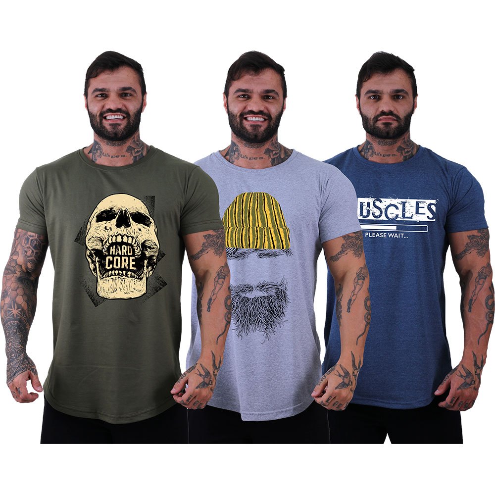 Kit 3 Camisetas Longline Silk Screen Fios 30.1 Penteado Manga Curta Moda Masculina Verão Fitness Sport