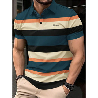 Camisa Polo masculina Casual listrada com botão frontal e manga curta Manfinity Homme