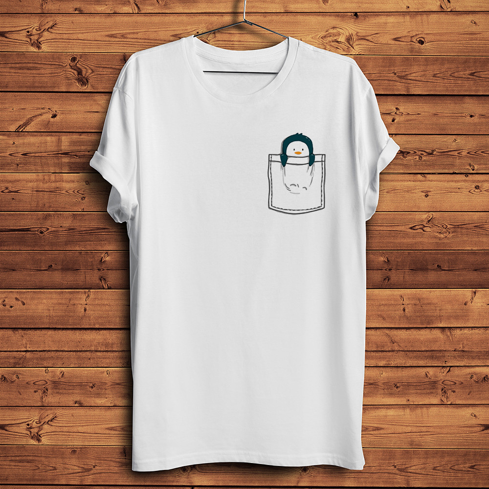 Pinguim Bonito No Bolso Engraçado Camiseta homme Verão Nova Manga Curta t Camisa Masculina Branco casual Unissex streetw