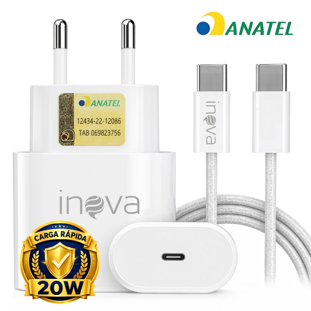 Carregador rápido 20W PD Tipo-C Turbo Charge Sobrecarga USB-C Com cabo iPhone/Xiaomi/Samsung/Lenovo/Motorola
