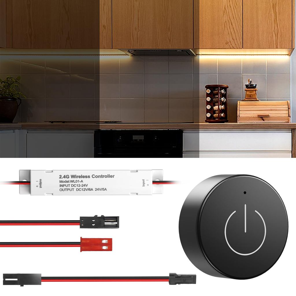 VST DC 12V/24V Wireless Touch Dimmer Switch and Receiver Kit with 2pins JST Connector, Wireless Remote led Light Control
