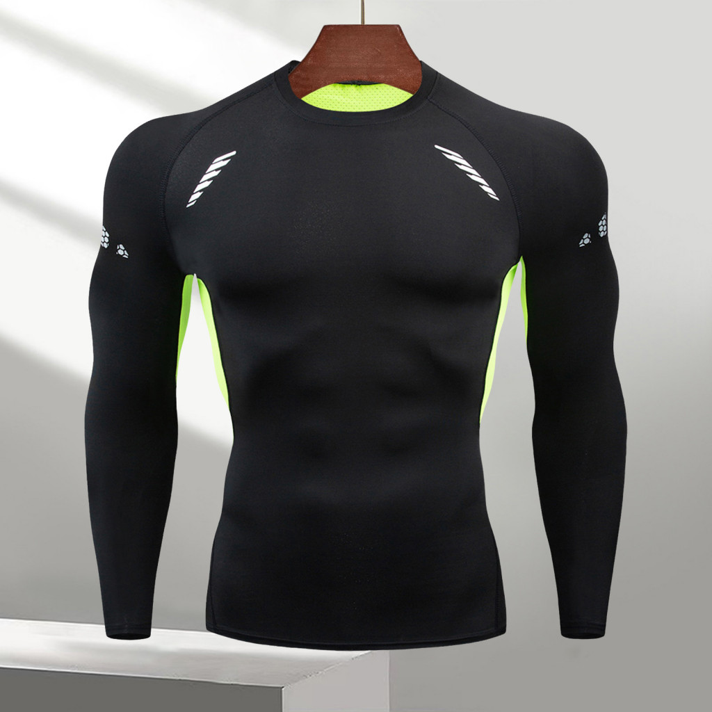 Men Long Sleeve T-shirt Round Neck Top Men's Slim Fit Compression Sports Quick-dry Gym Running Basketball with High for