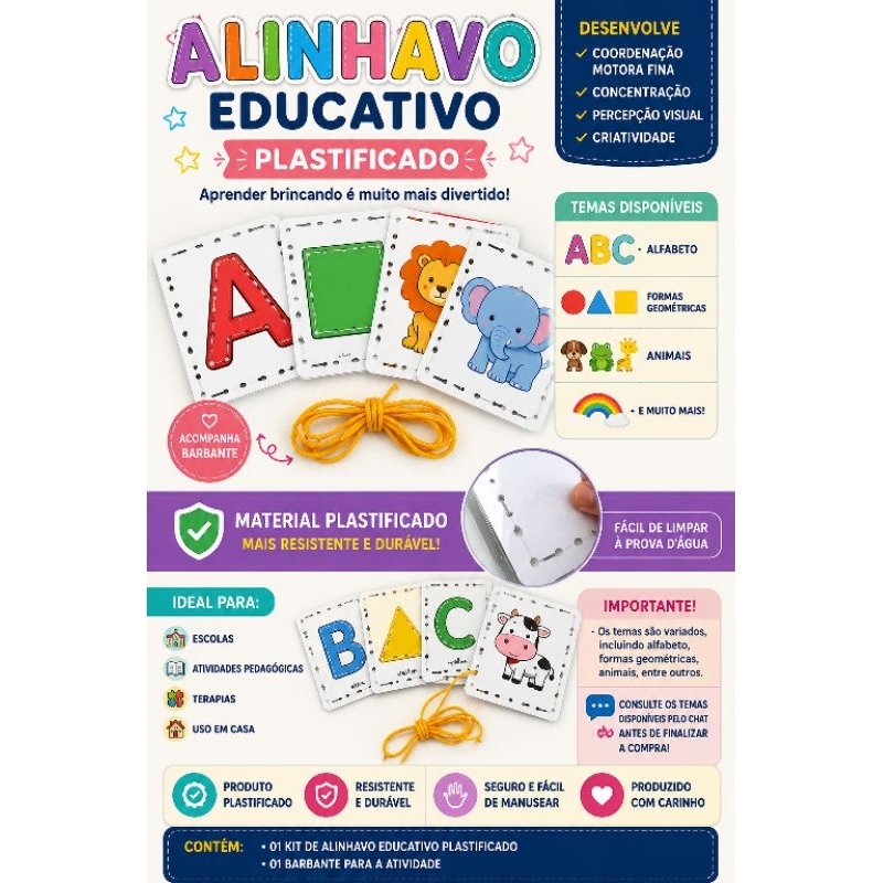 Alinhavo Educativo Plastificado Infantil | Coordenação Motora | Alfabeto, Formas e Animais