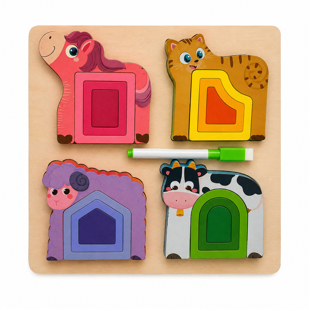 Brinquedo Montessori Educativo Infantil Encaixe de Formas Animais Madeira Quebra-Cabeça