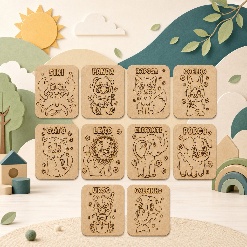 Kit Quebra Cabeça Infantil MDF Animais Budamix Educativo Pedagógico 5 10 20 Unidades