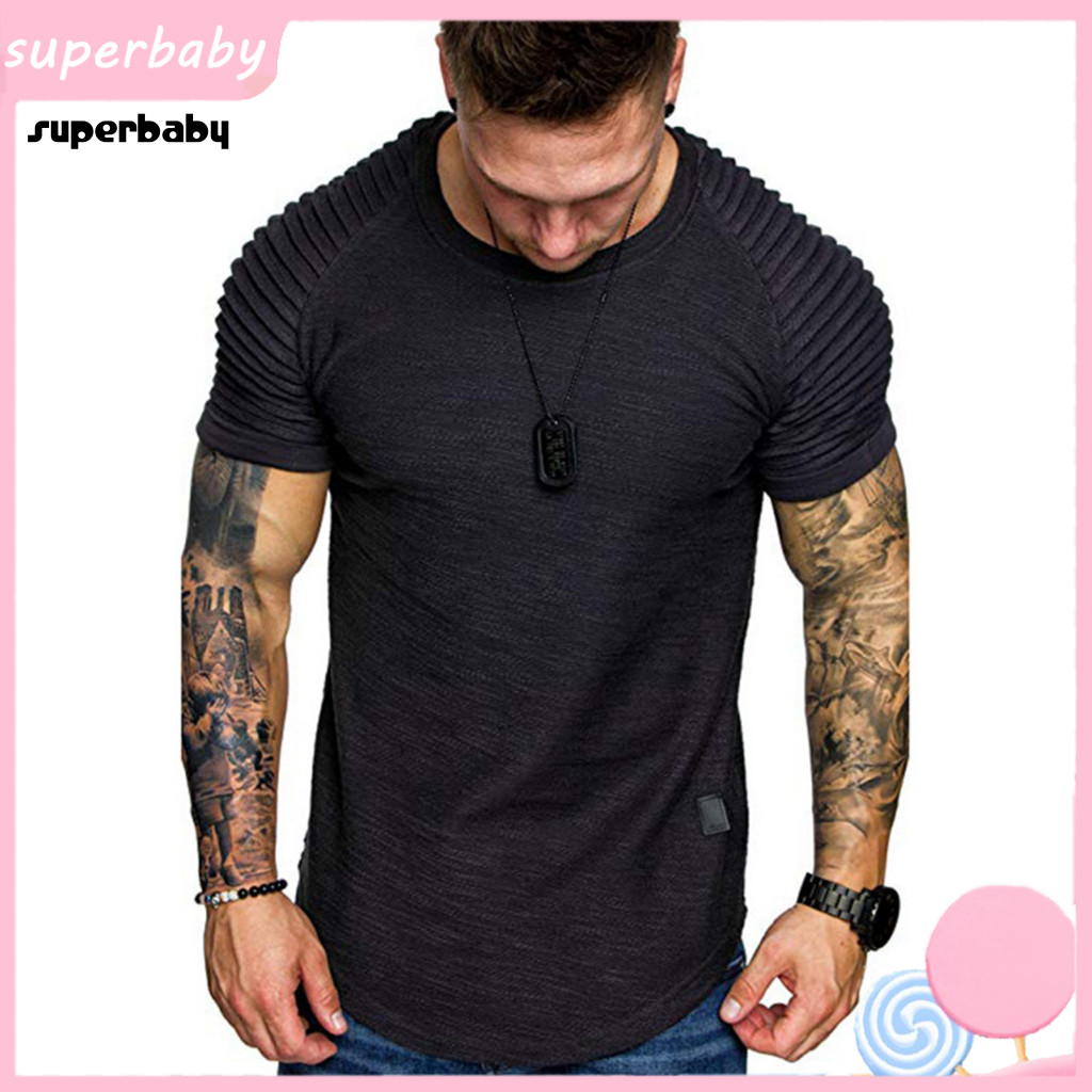 Men Curved Hem T-shirt Moisture-wicking Gym Shirt Summer Men’s Slim Fit O-neck Wrinkled Pleated Raglan Short Sleeve Pu