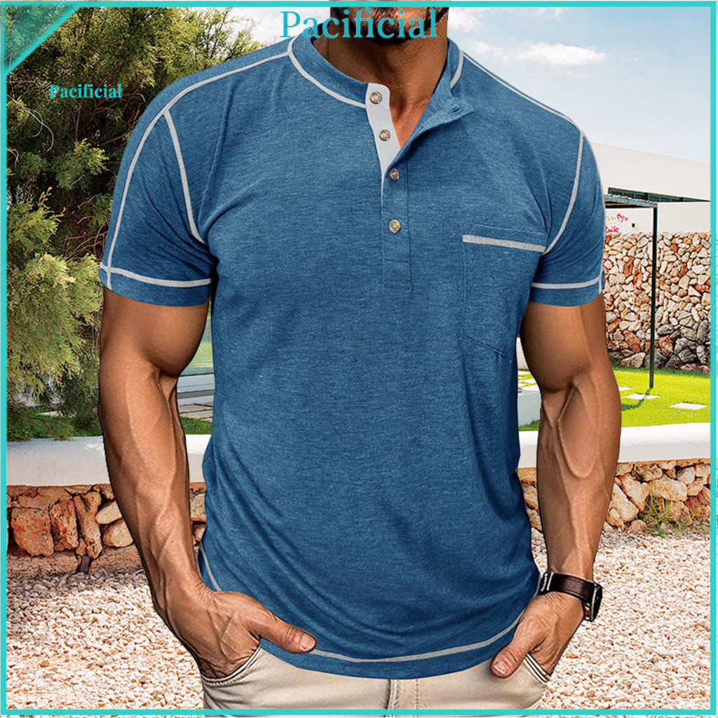 Chest Pocket T-shirt for Men Men’s Summer with Round Neck Button-up Collar Short Sleeves – Comfortable Gym Home Stre