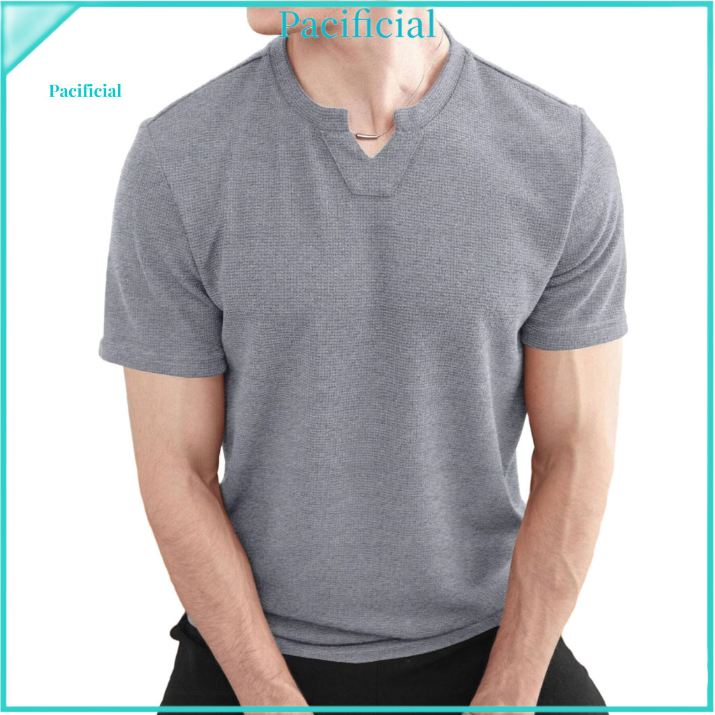 Classic Men V-neck Tee Top Men's Summer Waffle T-shirt Casual Short Sleeve Pullover Solid Color for Daily Wear Gym Stree