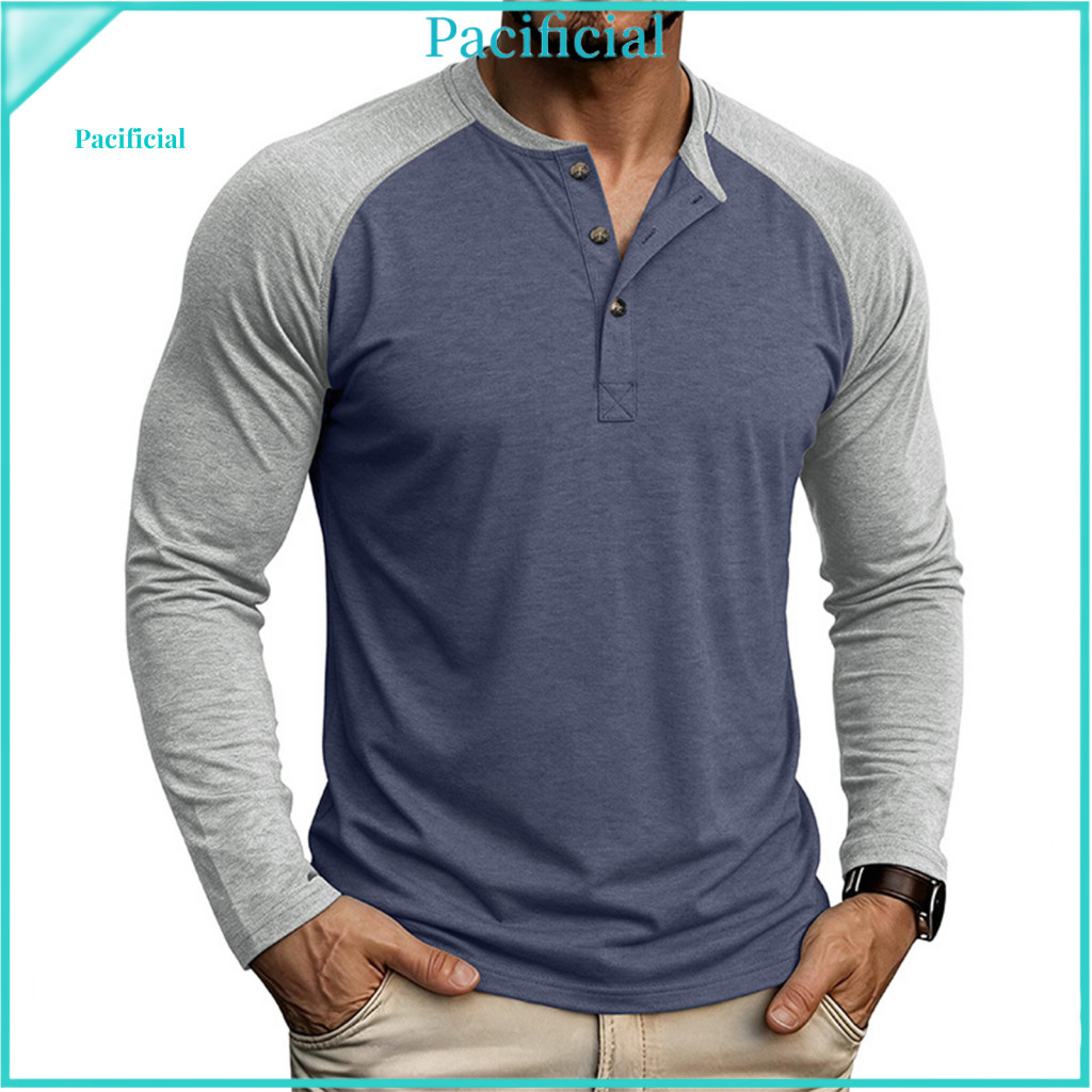 Long Sleeve Casual Button Tops Polyester Spandex Tees Men's Raglan Color Block T-shirt Vintage Neck Basic Tee for Gym fo