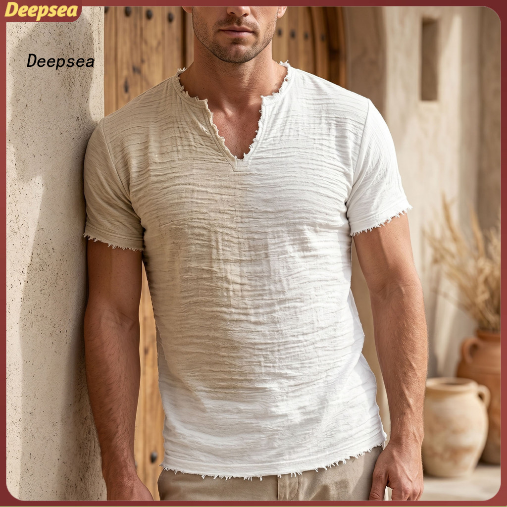 Men's Retro V-neck Fringed T-shirt Short Sleeve Stylish Summer Tee for Party Beach Gym Holiday Casual Wear Men