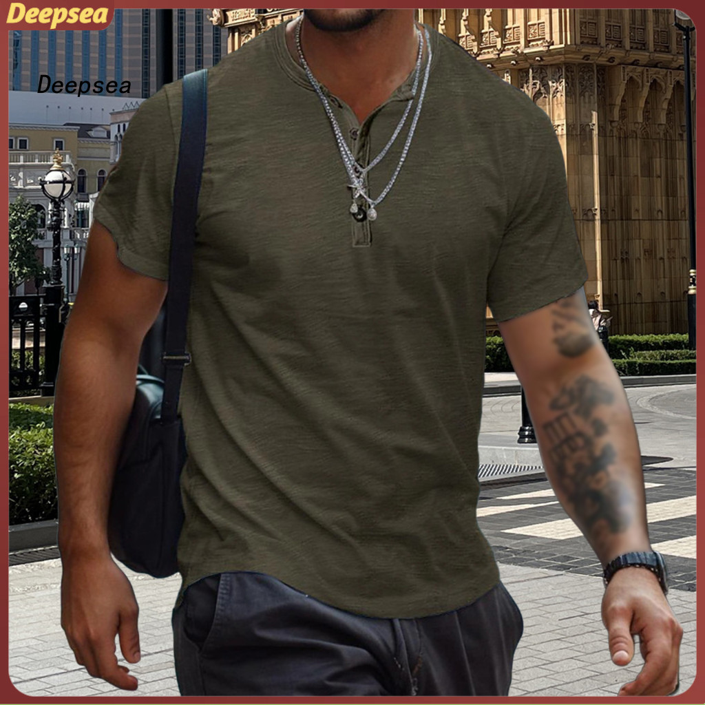 Men's Casual Henry Neck Short Sleeve Button T-shirt Solid Color Summer Top for Gym Home Street Vacation – Lightweight