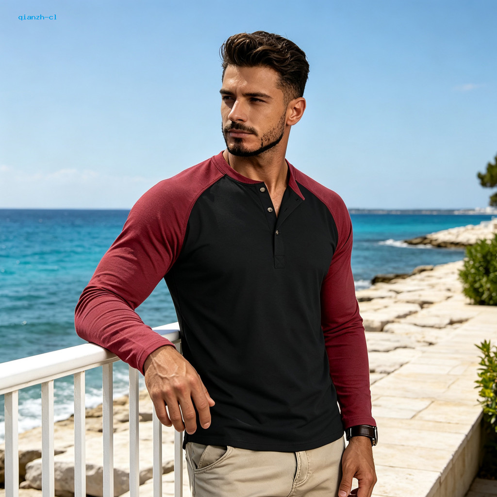 Breathable Gym Fitness Gear Mens Slim Fit Shirts Men's Raglan Sleeve Color Block Long T-shirt Vintage Button Neck Basic