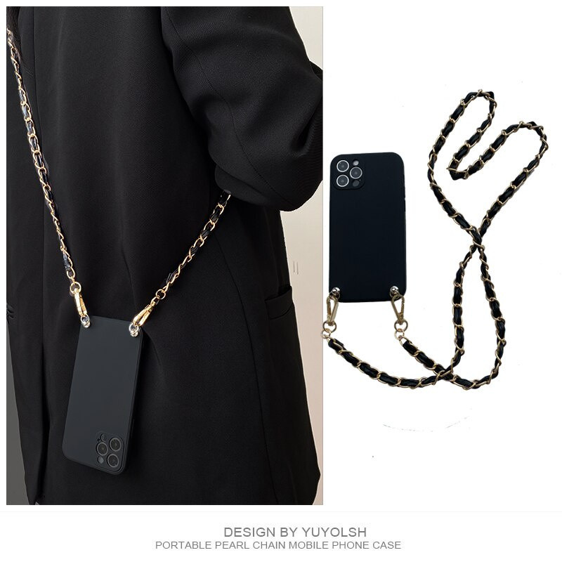 Para iPhone 16 15 14 13 Pro MAX Luxo Crossbody Cordão Colar Corrente De Couro Líquido Macio Silicone Caso Telefone 12 11