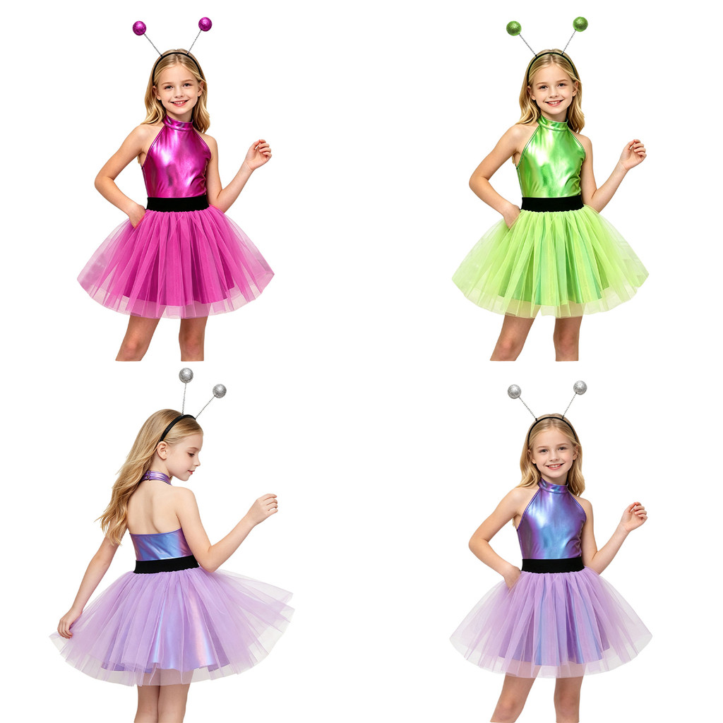 Aislor Kids Girls Alien Cosplay Outfit Halter Neck Sem Mangas Backless Em Camadas Babados Tule Tutu Vestido Com Argola D