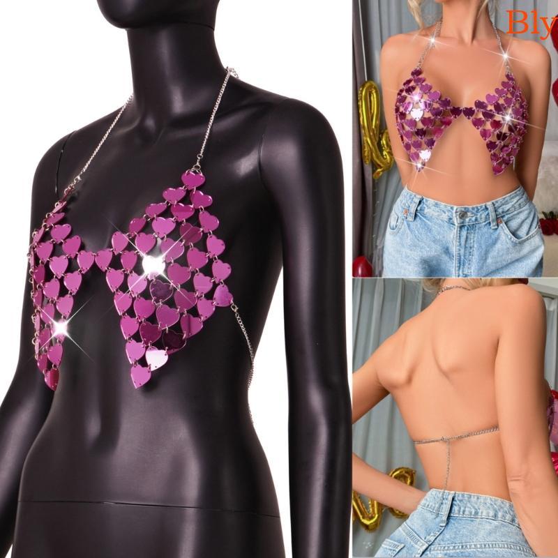 Bly Backless Metálico Coração Lantejoulas Biquínis Sutiãs Festa Corrente Corporal