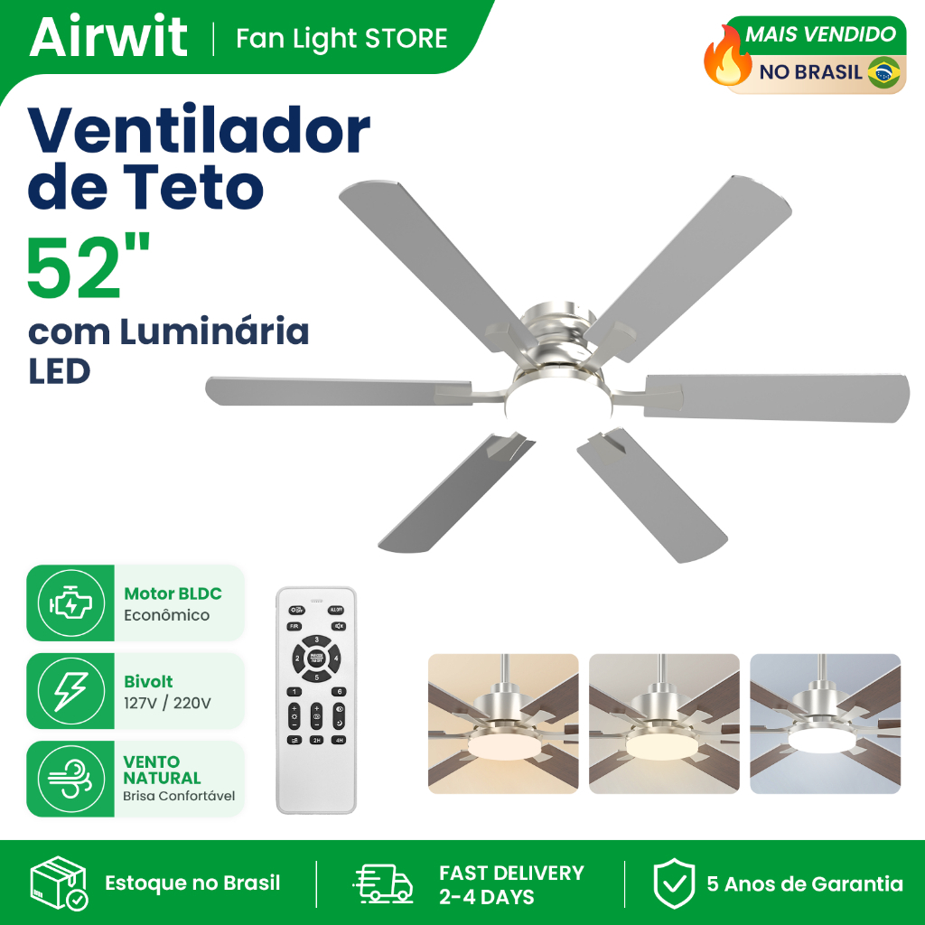 🔥Airwit 52 Inch 6 Pás Ventilador de Teto com Luminária LED Motor BLDC Controle Remoto Flush Mount Teto Baixo