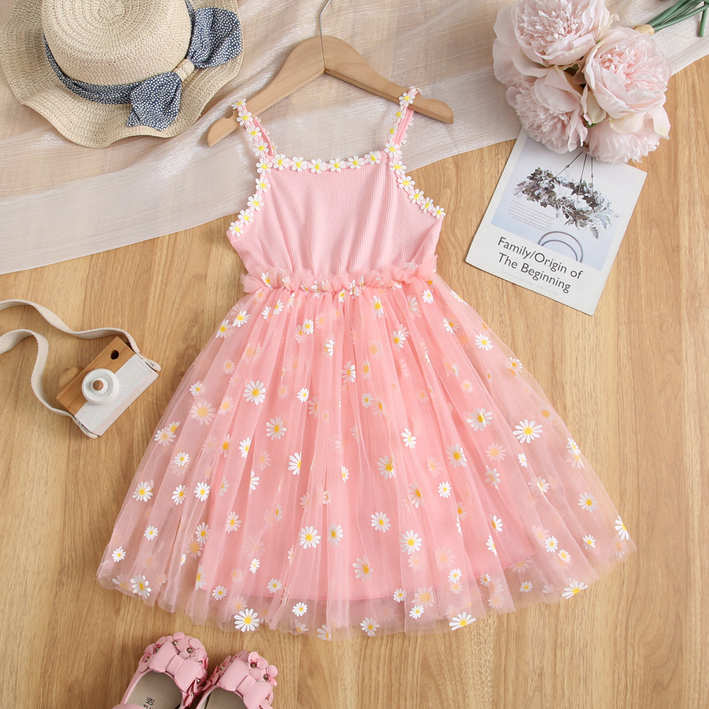 Meninas Vestidos De Princesa Verão Margarida Malha Retalhos suspender Vestido Roupas Infantis