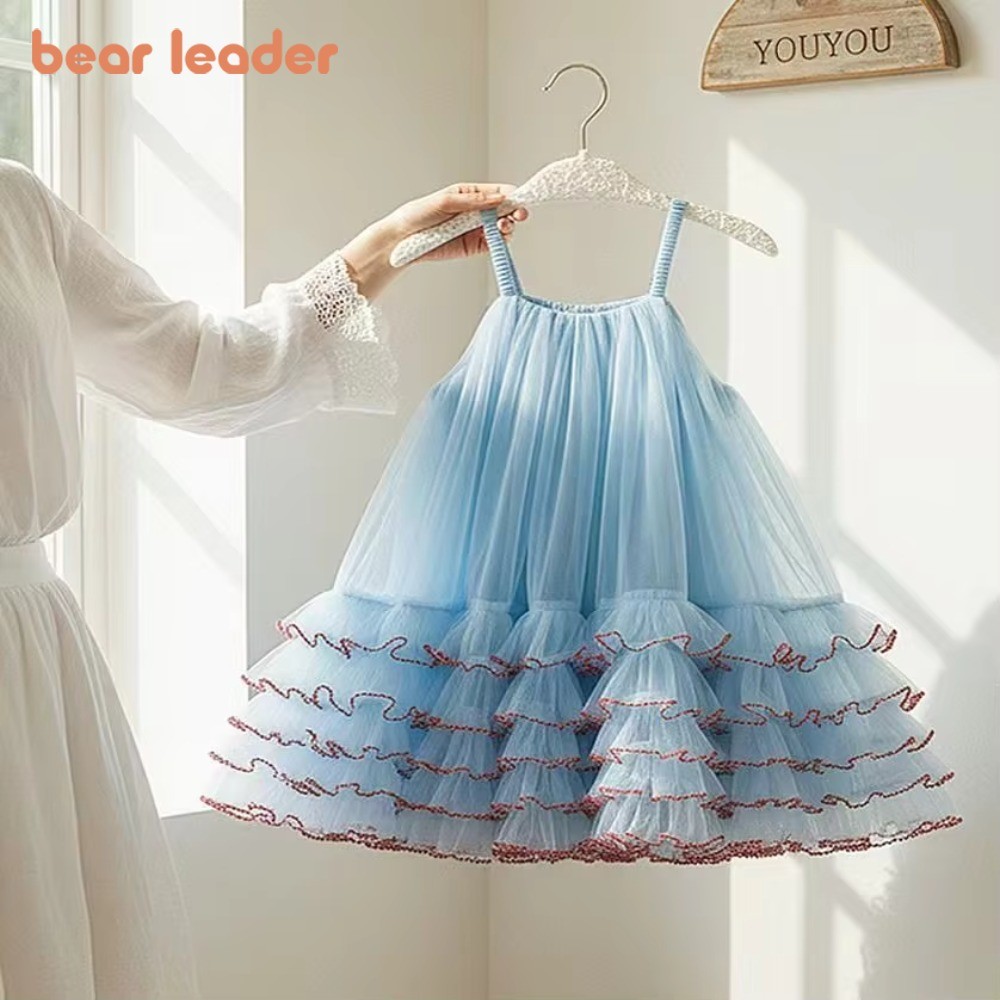 Urso Líder Doce E Bonito Verão Meninas Suspender Vestido Versão Coreana Beira-Mar Férias Estilo Cor Sólida Malha Plissad