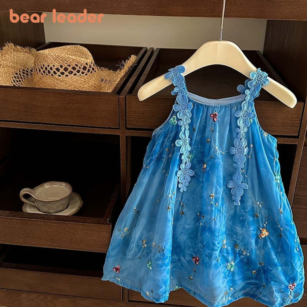 Urso Líder Versão Coreana Azul Tridimensional Flor Suspender Vestido Verão Bonito Férias Meninas Roupas