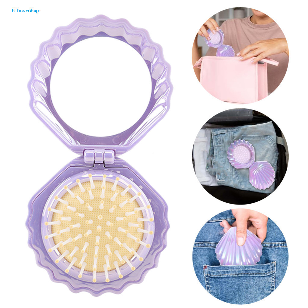 Travel Hair Brush Round Mirror Portable 2-in-1 Air Cushion with for Scalp Massage Detangling Comb for Women Girls