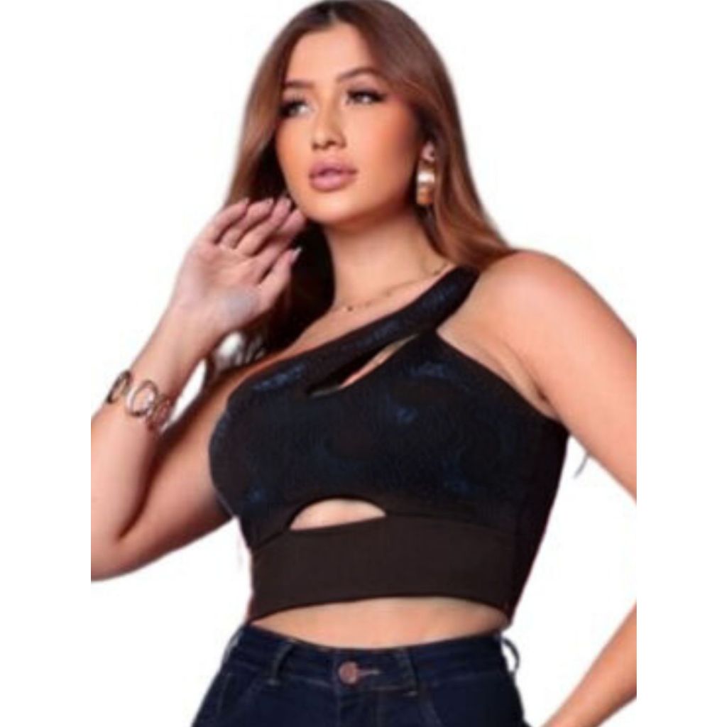 Cropped Feminino com Bojo Blusa Crop Top Alça Mula Manca com Brilho Moda Gringa Branco Preto Croped