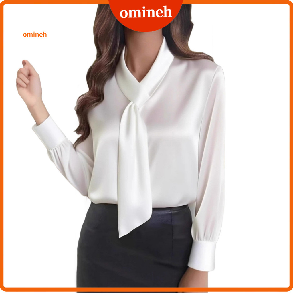 Satin Texture Blouse Lightweight Women’s V-neck with Ribbon Tie Long Sleeve Breathable Shirt and Workwear Top Regular