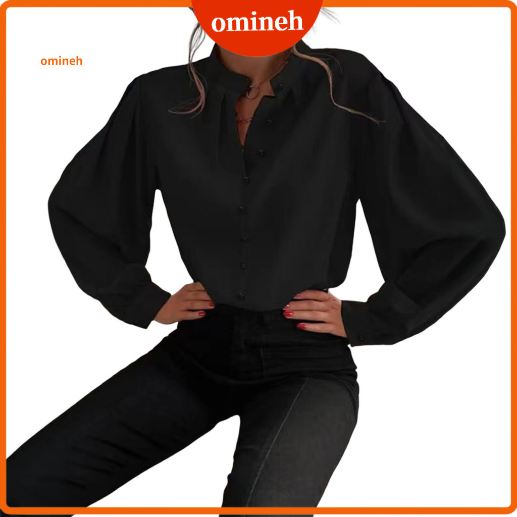 Lightweight Women Shirt Women’s Stand Collar Puff Sleeve Button Placket Loose Fit Top Office Lady Long Blouse Pure Col