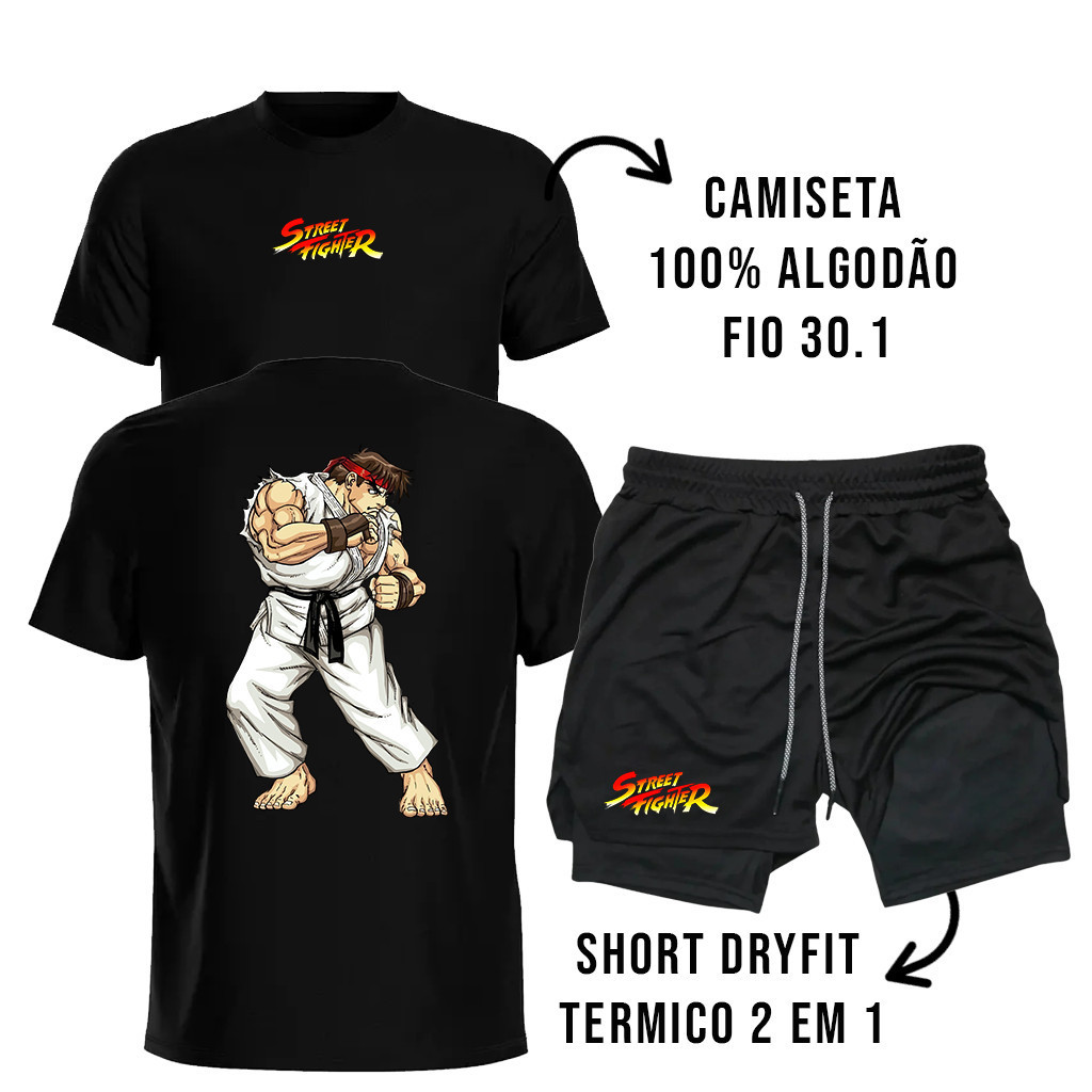 Kit Masculino Conforto Camiseta de Algodão com Short Compressão 2 em 1 Dry Fit Street Fight Fitness Treino Esporte