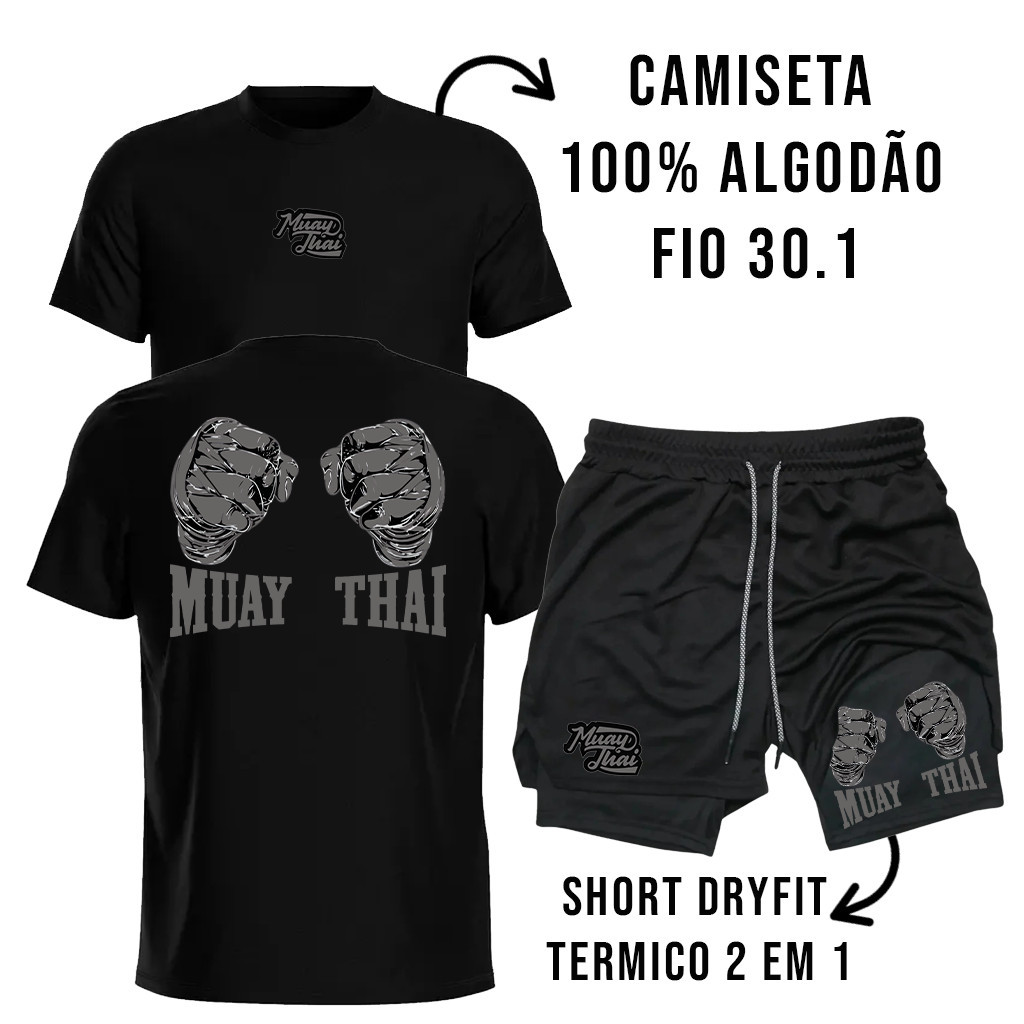 Kit Masculino Camiseta de Algodão + Short Dry Fit Compressão 2 em 1para Treino Muay Thai Luta Artes Marciais Fight
