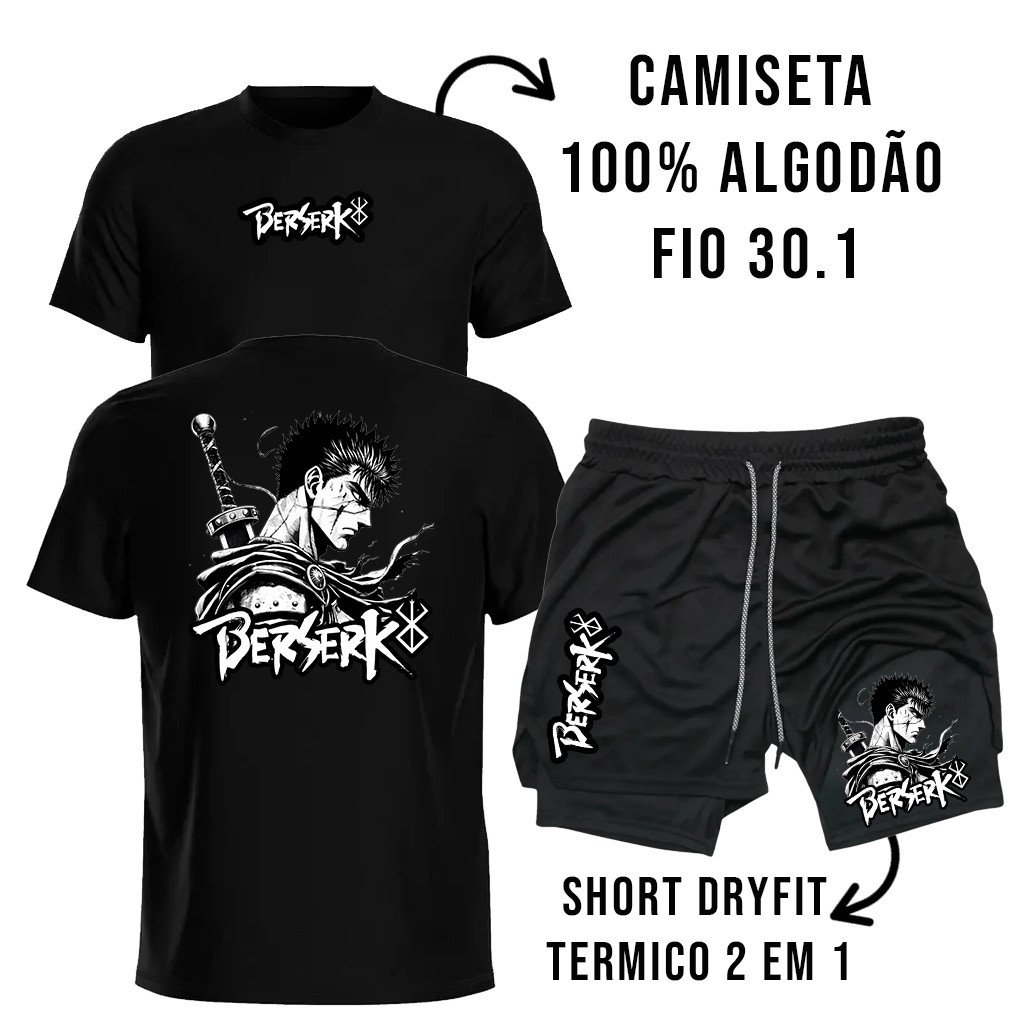 Kit Masculino Esportivo para Treino com Camiseta Algodão e Short Dry Fit Compressão 2 em 1 Fitness Gym Esporte Otaku