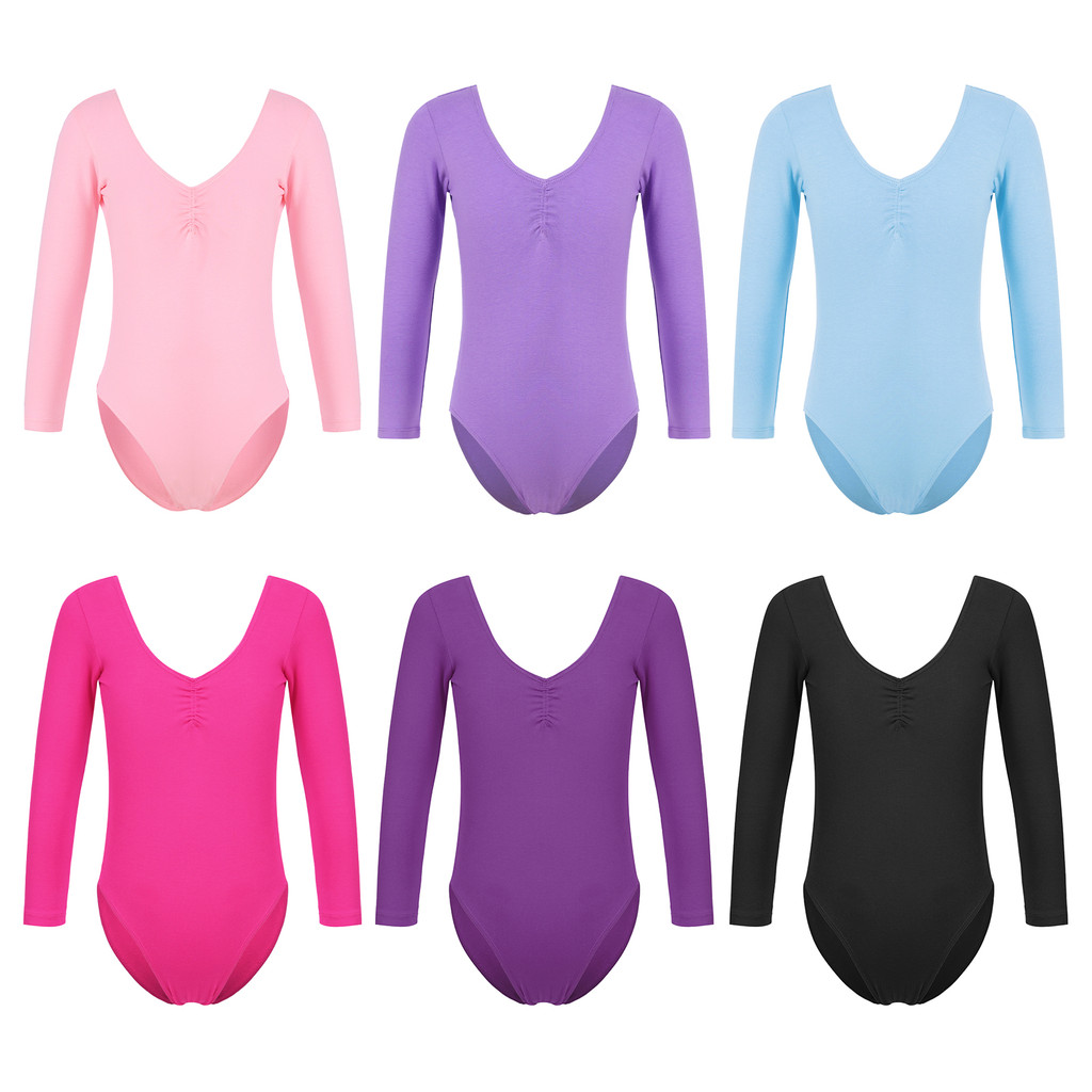 inhzoy Kids Girls Stylish Clothing Long Sleeve V Neckline Ruched Front Solid Color Gymnastic Practice Dance Leotards