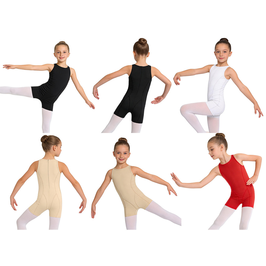 inhzoy Kids Girls Gymnastics Dance Practice Bodysuit Round Neck Sleeveless Back Invisible Zipper Thigh Length Jumpsuit