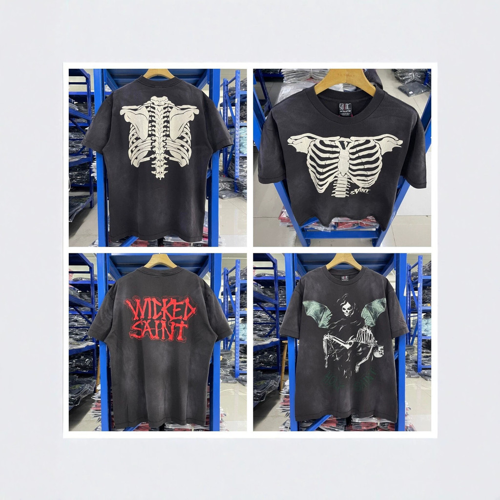 Street Wear SAINT MICHAEL ICON Retro Washed Distressed Graffiti Letter Print Solto Manga Curta Homens Mulheres
