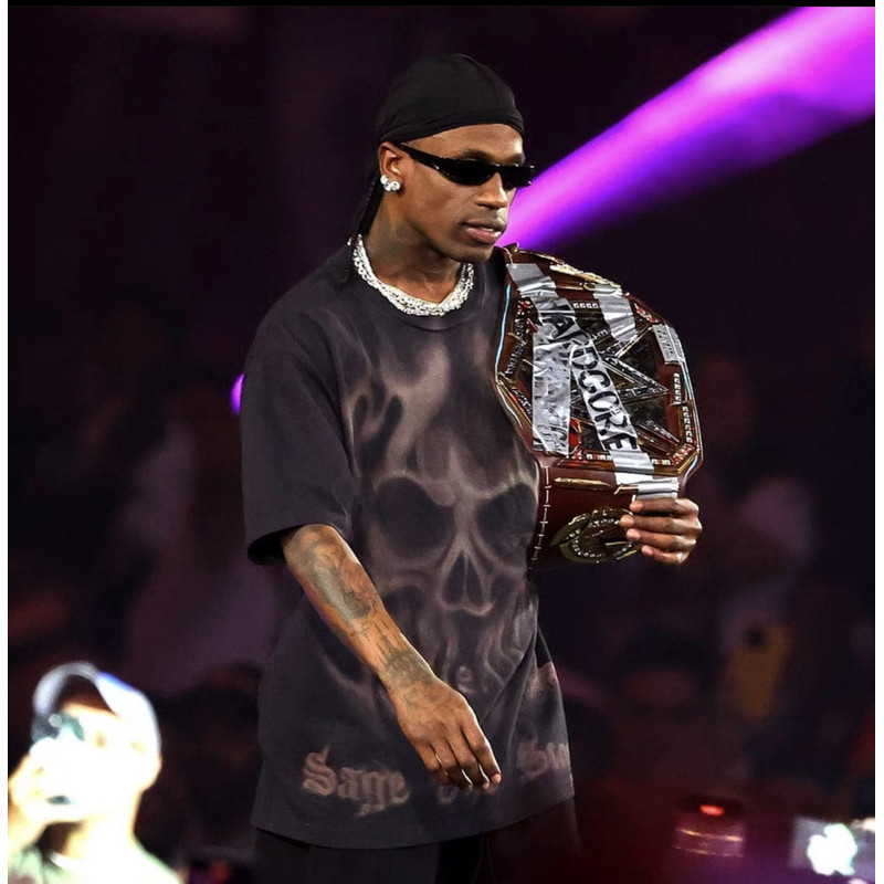 T Travis Scott x WWE Flame Skull Letter Printing Camiseta SAGE THE STAGE manga curta