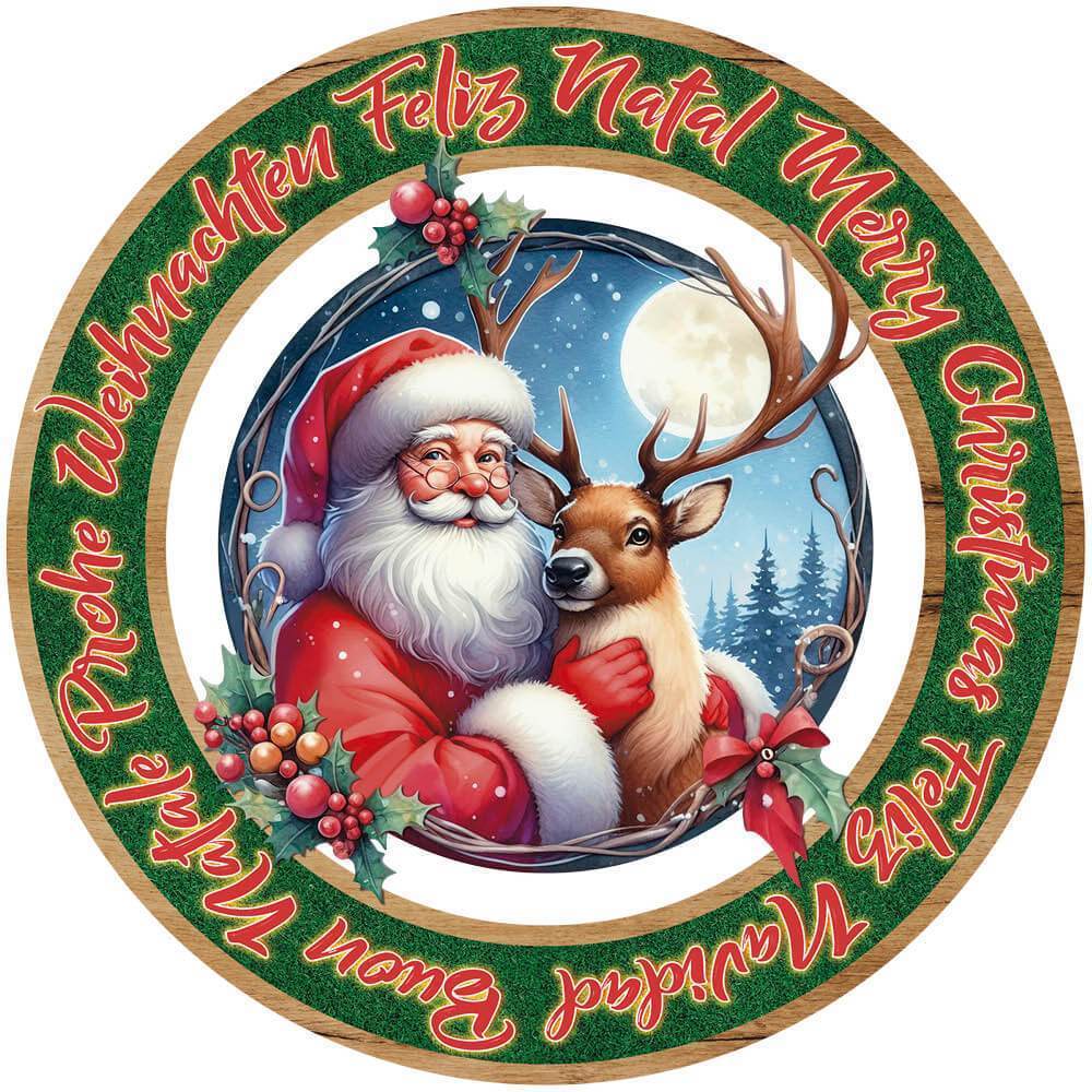 Natal - Placa Decorativa para Porta ou Parede - Guirlanda Papai Noel Merry Christmas