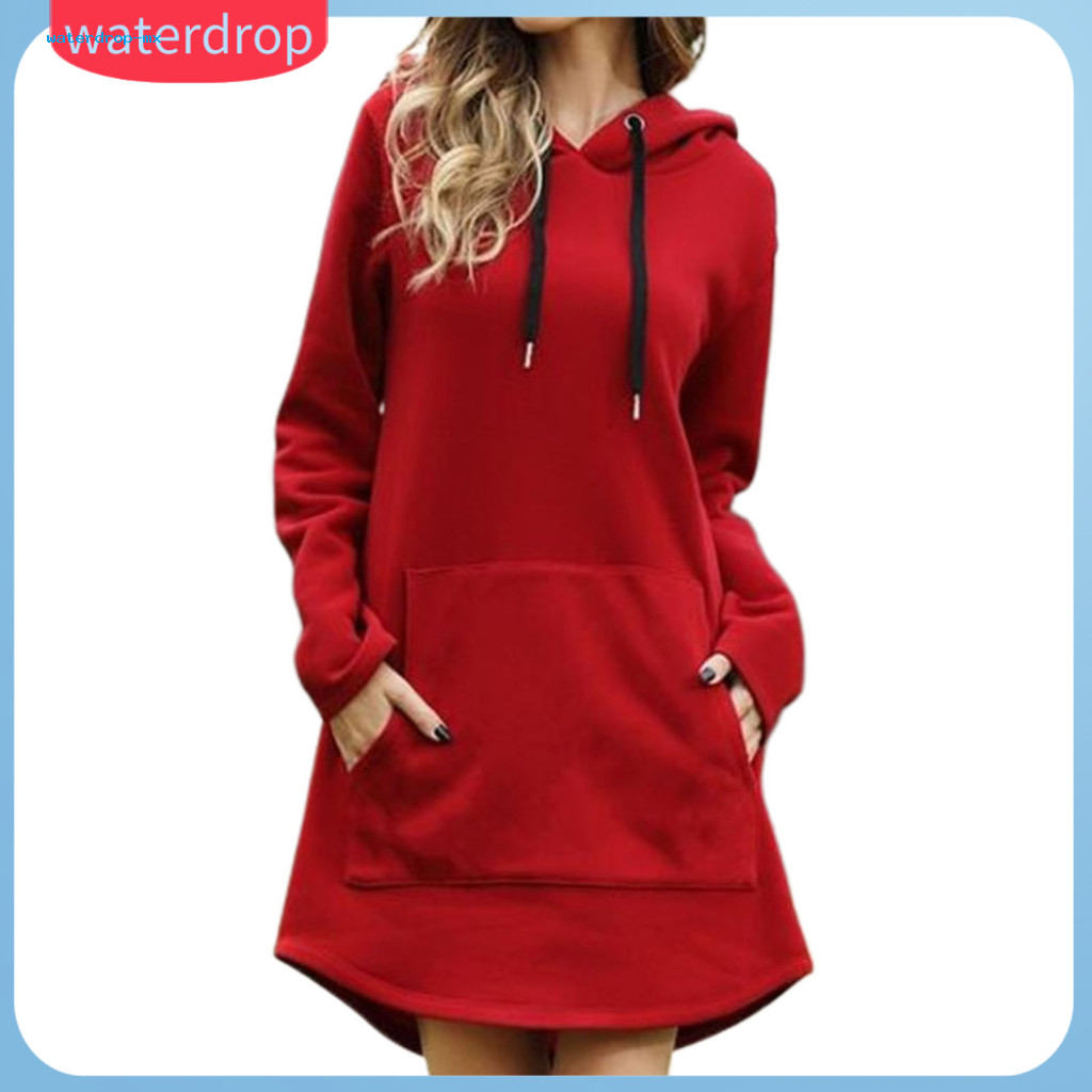 Plus Size Women’s Fall Winter Hooded Mini Dress Long Sleeve Thick Loose Fit with Big Patch Pocket Drawstring Above Kne