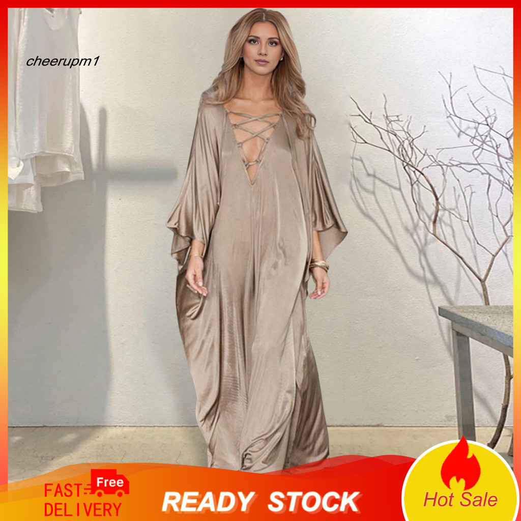 Women Polyester Dress V-neck Long Skirt Boho Plus Size Satin Tie Front Sleeve Tunic Summer Beach Cover Up Swimsuit Robe