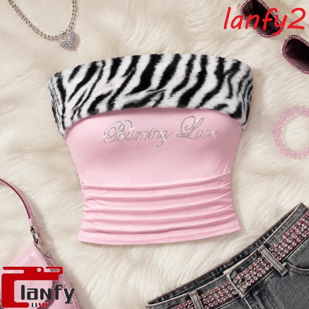 LANFY Crop Top , Slim Fit Crystal Letter Colete Sem Alças , Patchwork Leopard Print Y2K Tube Four Seasons