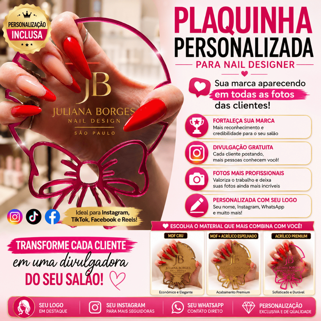 Plaquinha Expositora de Unhas Personalizada | Porta Mão para Fotos Nail Designer | MDF Cru ou Acrílico com Logo