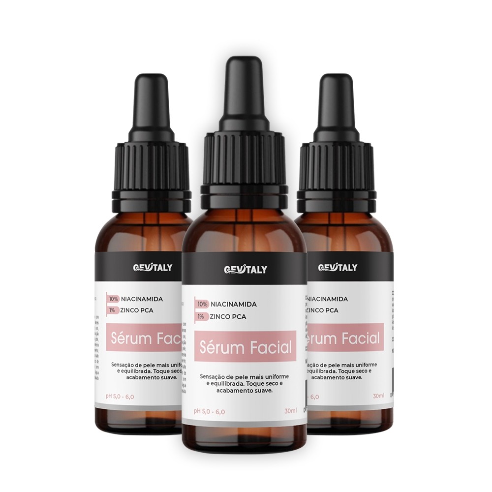 Kit com 3x Sérum Facial G2 Gevitaly 30ml Niacinamida 10% + Zinco PCA 1% Cuidado Diário Prolongado Skincare