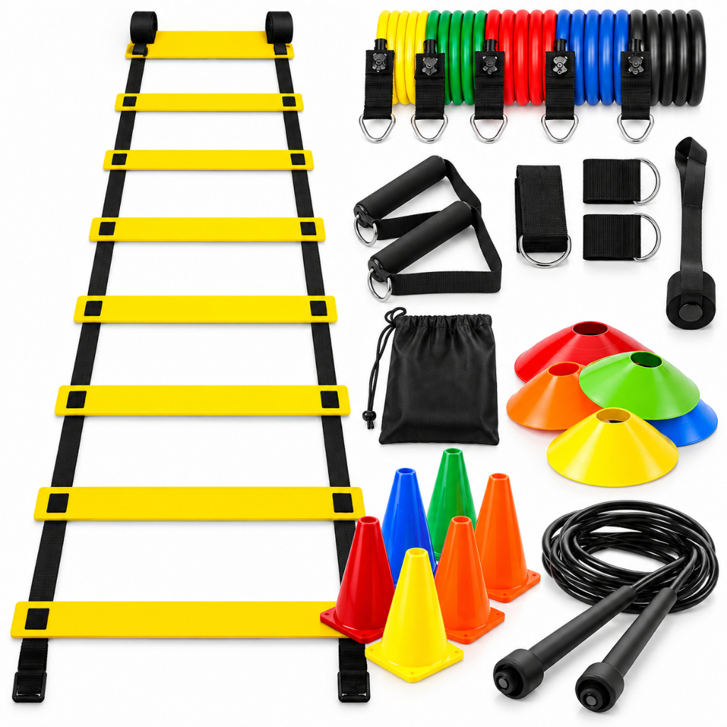 Kit Funcional Completo c/ Escada Agilidade + 5 Cones + 5 Chapéus + Elásticos 11pçs + Corda de Pular