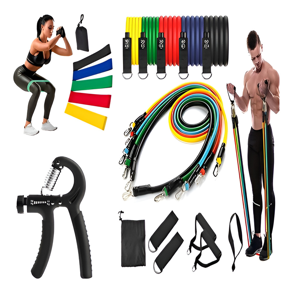 Kit Treino Elásticos De Tensão + Rand Grip+ Faixas Mini Band