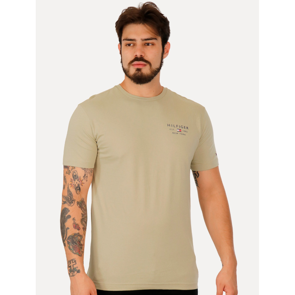Camiseta Tommy Hilfiger Original Masculina Brand Love Small Logo Cáqui