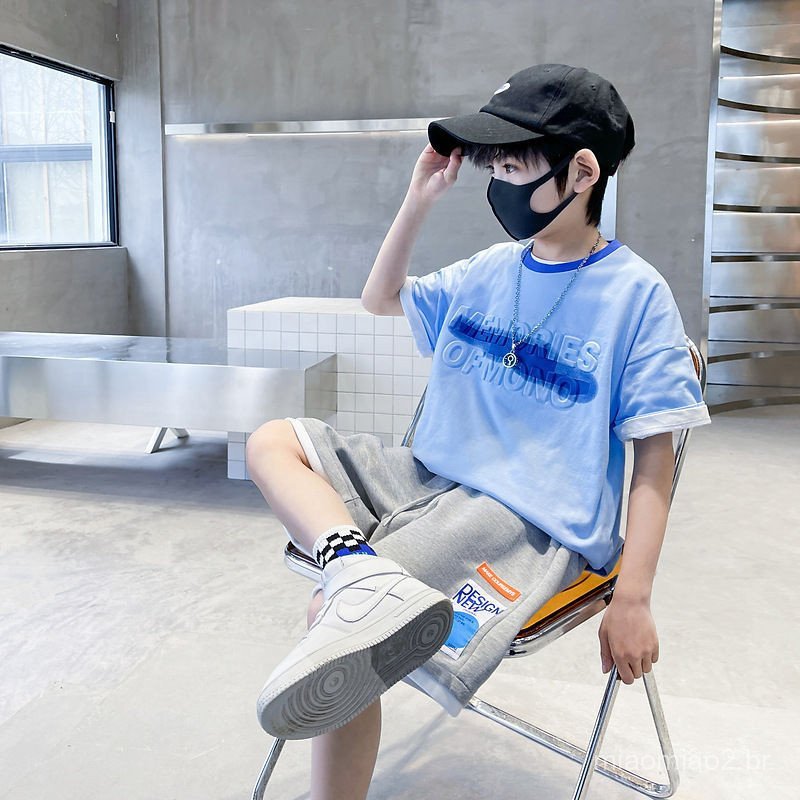 4-16 Summer Boys Suit Kid Sportswear Boys Short-Sleeved T-Shirt Top Shorts Suit baju budak lelaki kid suit boy set 男童套装
